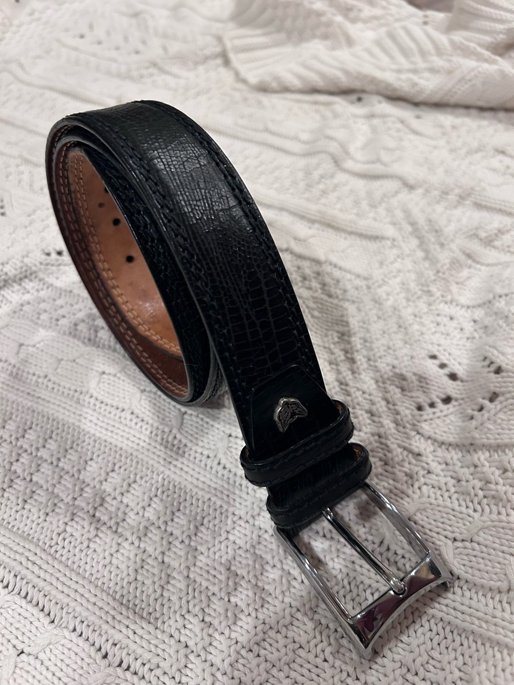 Paolo Da Ponti Black Genuine Leather Belt with Silver Fox Logo sz 38